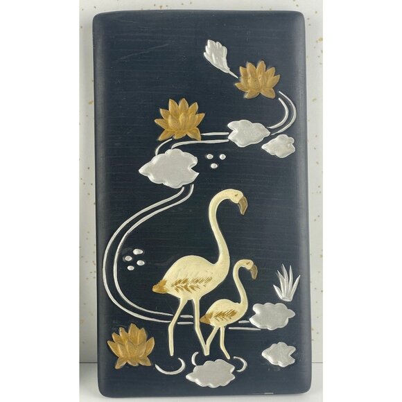 Vintage 60s chalkware, pair of flamingo plaques, black, gold, silver, GC Japan - Picture 6 of 10